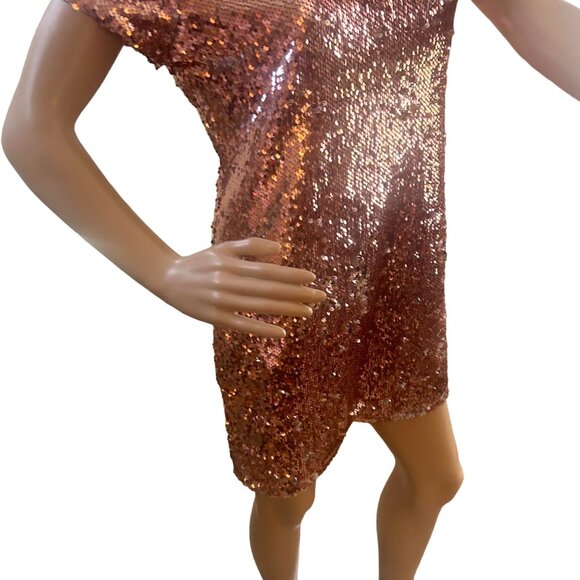 NWOT Rose Gold short sleeve sequin mini swing shift dress; SZ M; Nude Lining - Picture 6 of 8